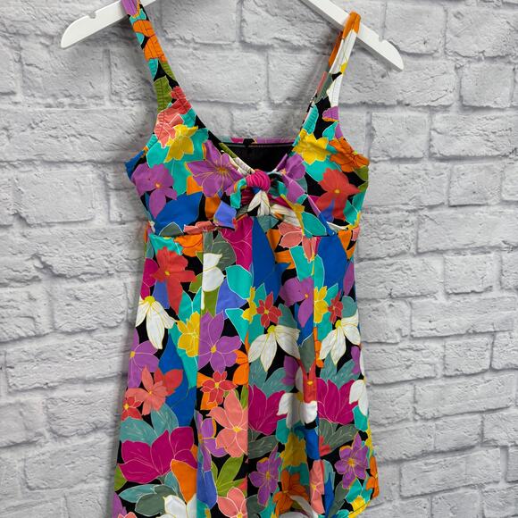 Swim Solutions One Piece Swimdress Bright Multi Floral Size 8 Slimming Bow New - Picture 3 of 7